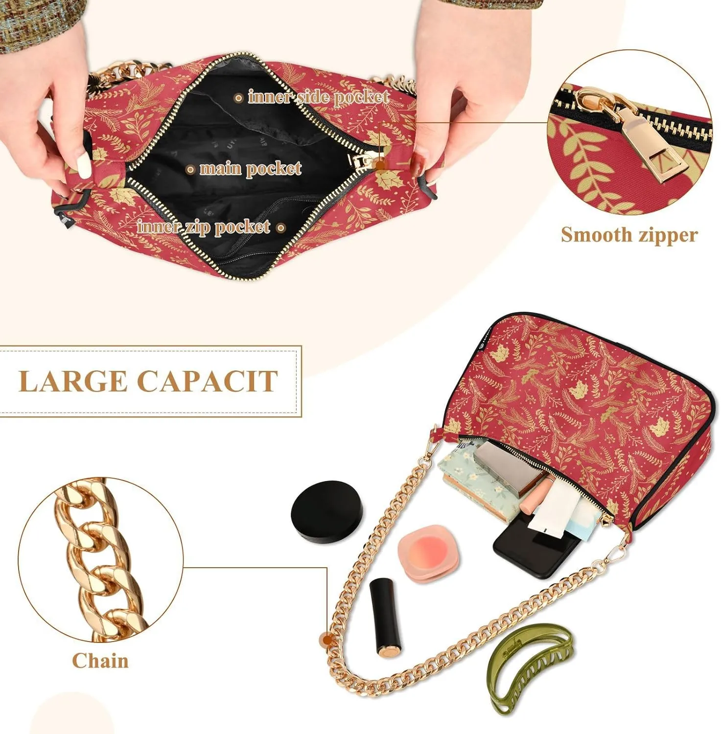 Women's Shoulder Handbags Chain Shoulder Brace for Women Bag Leaves Print Ladies Vacation Handbags Tote Purse,Multi1