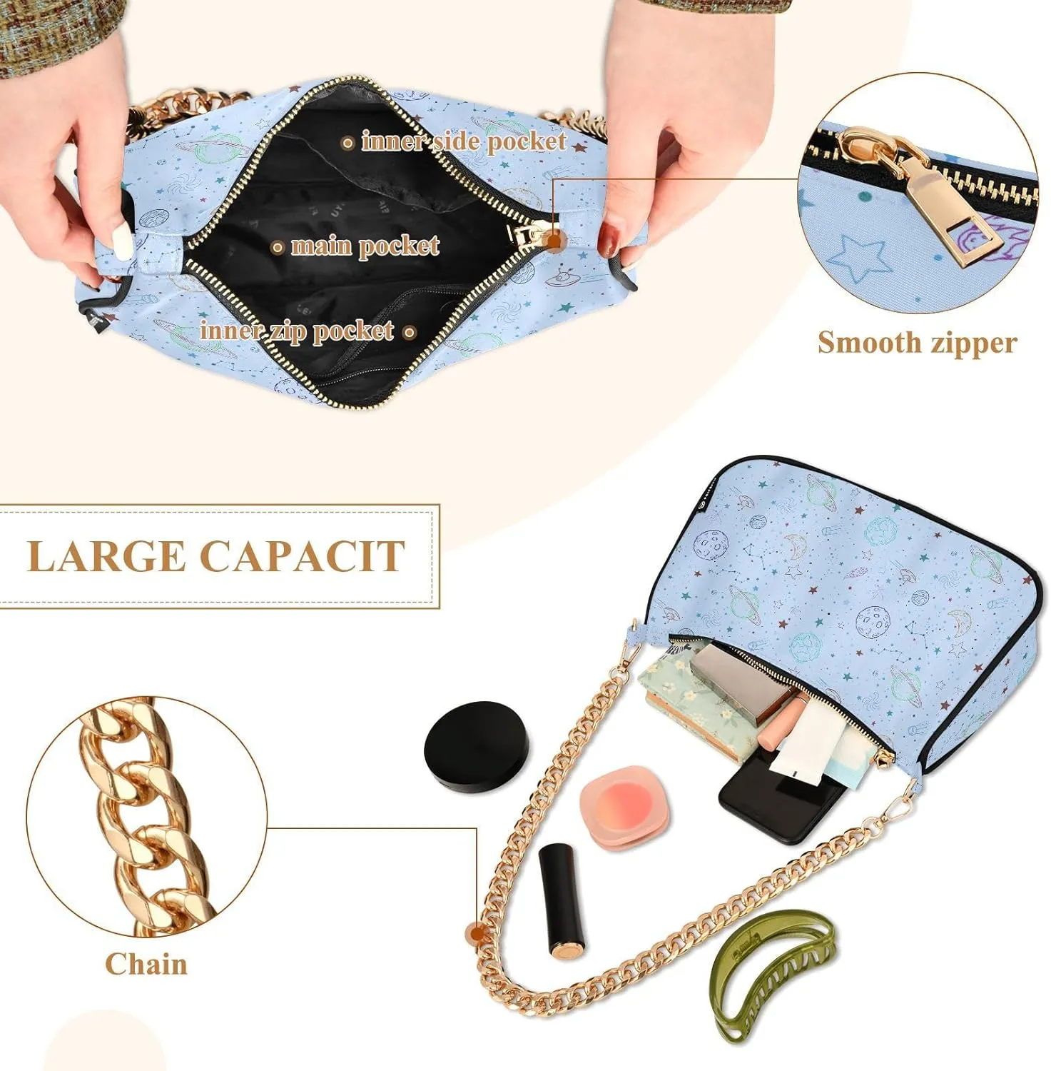 Women's Shoulder Handbags Chain Shoulder Brace for Women Bag Space Pattern Ladies Vacation Handbags Tote Purse,Multi1