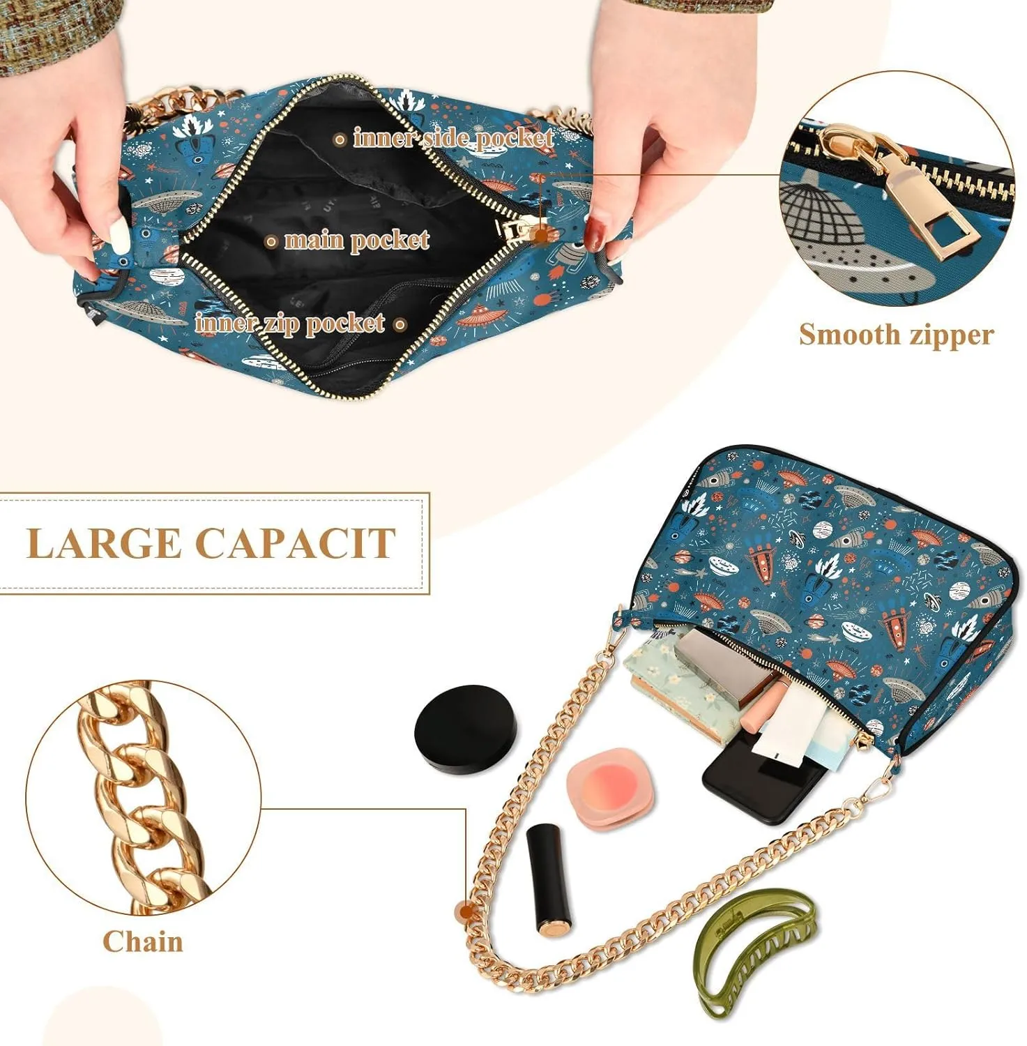 Women's Shoulder Handbags Chain Shoulder Brace for Women Bag Space Print Ladies Vacation Handbags Tote Purse,Multi1