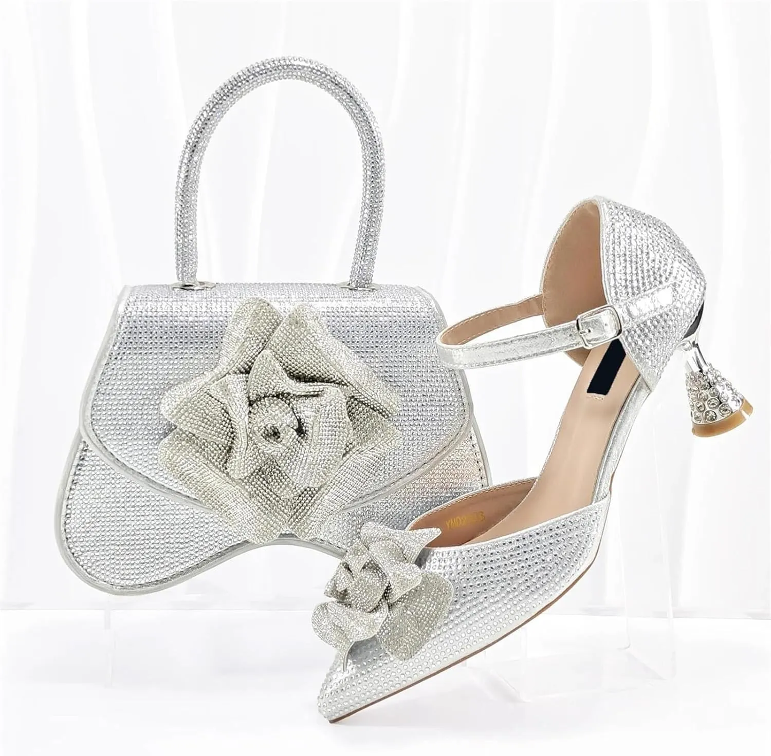 Womens Silver Fashion Wedding Shoes Set Rhinestone Bridal Pumps and Evening Party Bag Sparkly Beaded Sequin Purse