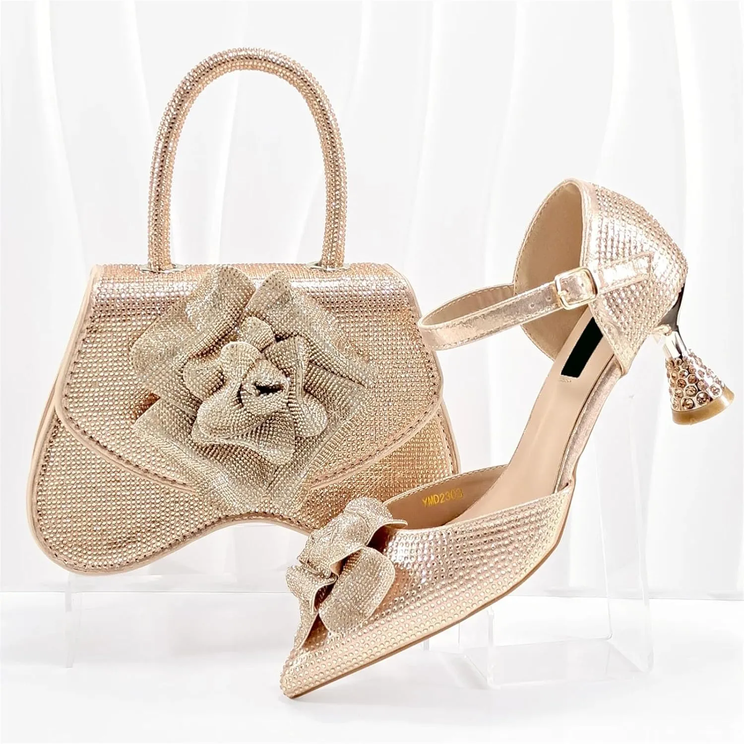 Womens Silver Fashion Wedding Shoes Set Rhinestone Bridal Pumps and Evening Party Bag Sparkly Beaded Sequin Purse