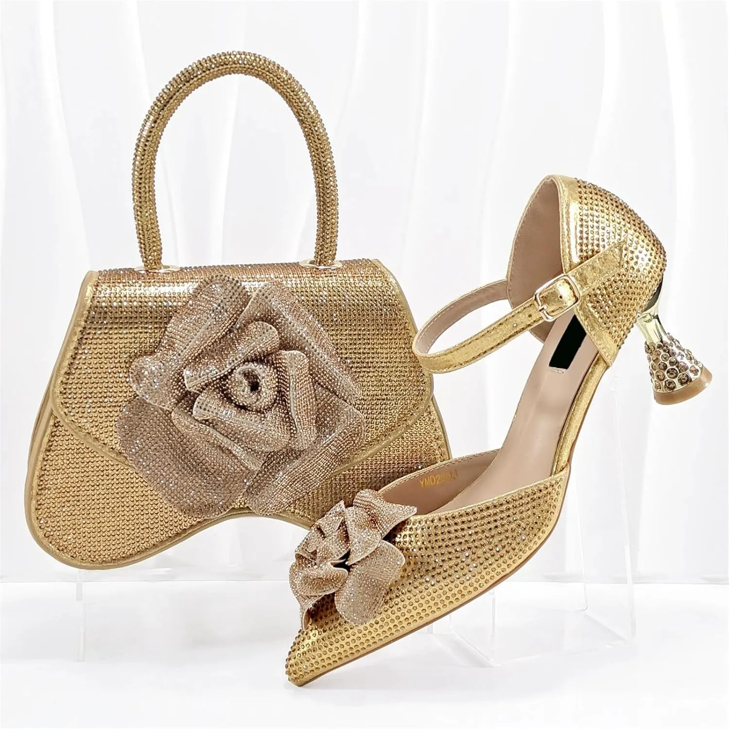 Womens Silver Fashion Wedding Shoes Set Rhinestone Bridal Pumps and Evening Party Bag Sparkly Beaded Sequin Purse