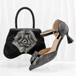 Womens Silver Fashion Wedding Shoes Set Rhinestone Bridal Pumps and Evening Party Bag Sparkly Beaded Sequin Purse