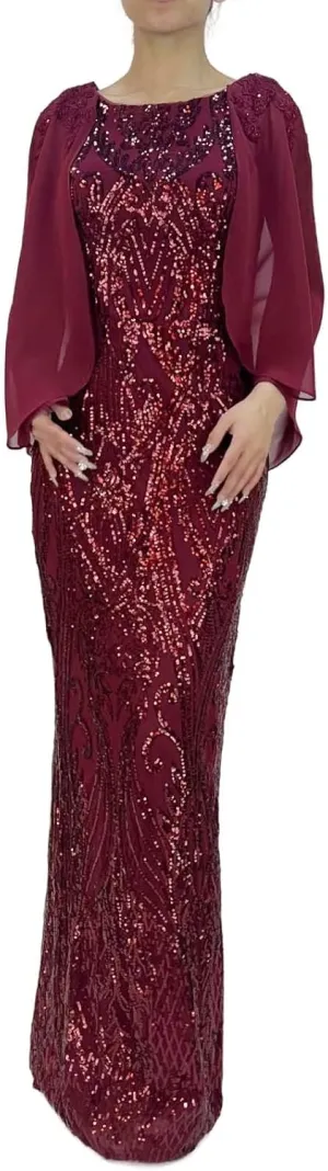 Women's Sleeveless Chiffon Capelet Sequin Sparkly Glitter Slit A Line Party Club Cocktail Red Long Evening Gown Dress