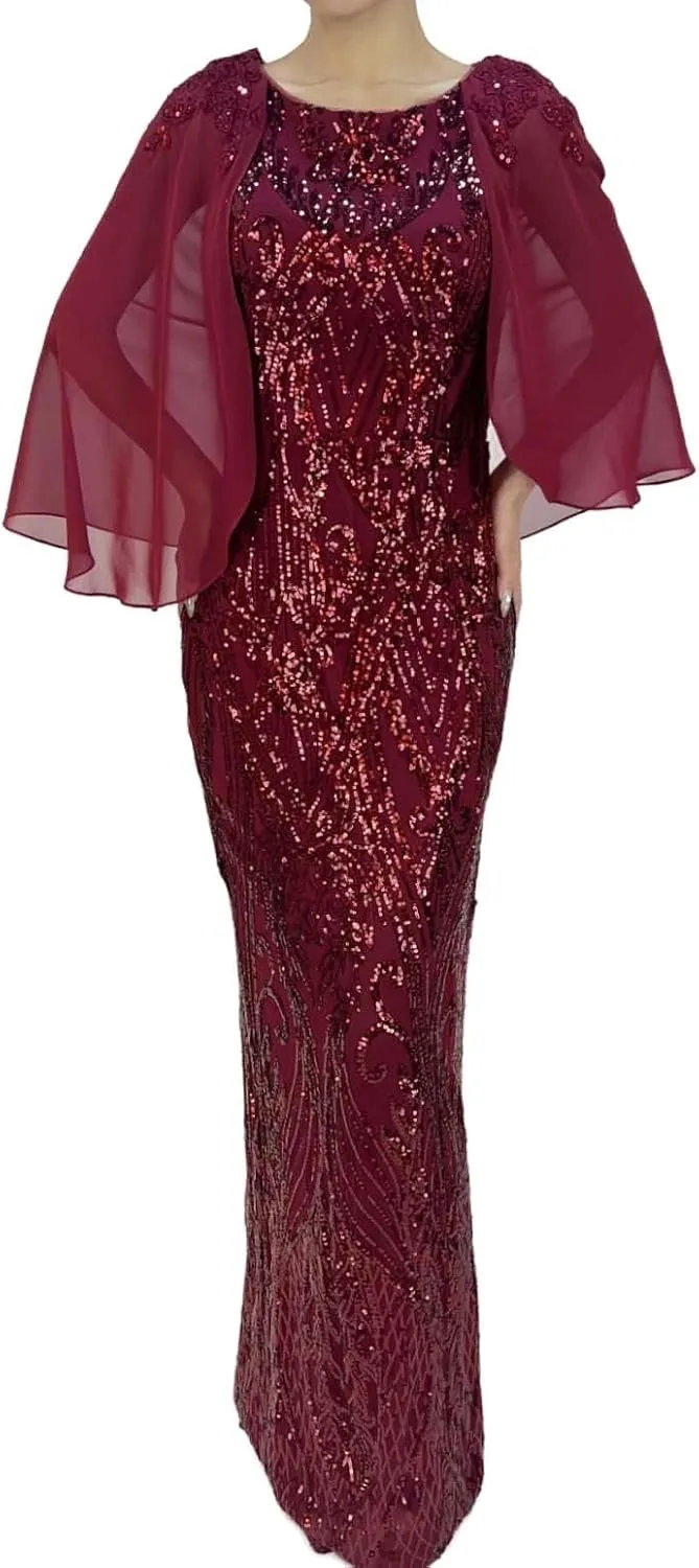 Women's Sleeveless Chiffon Capelet Sequin Sparkly Glitter Slit A Line Party Club Cocktail Red Long Evening Gown Dress