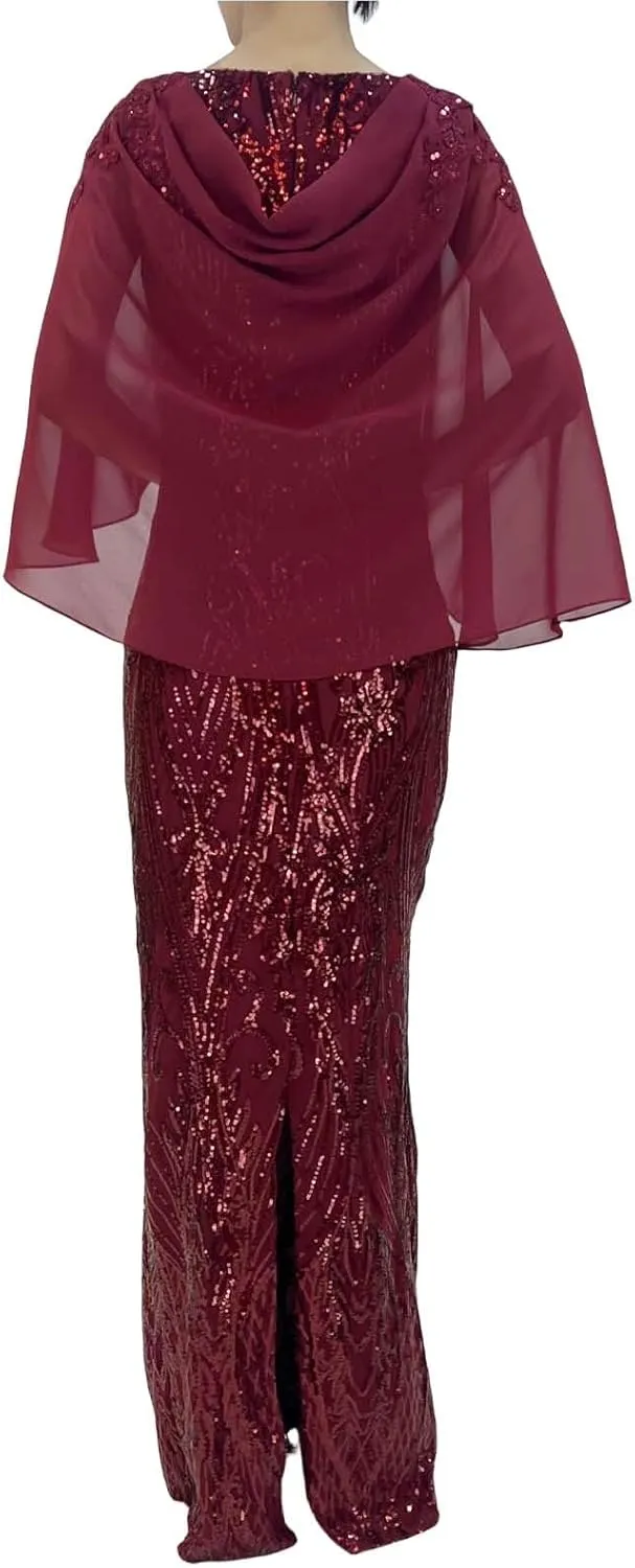 Women's Sleeveless Chiffon Capelet Sequin Sparkly Glitter Slit A Line Party Club Cocktail Red Long Evening Gown Dress