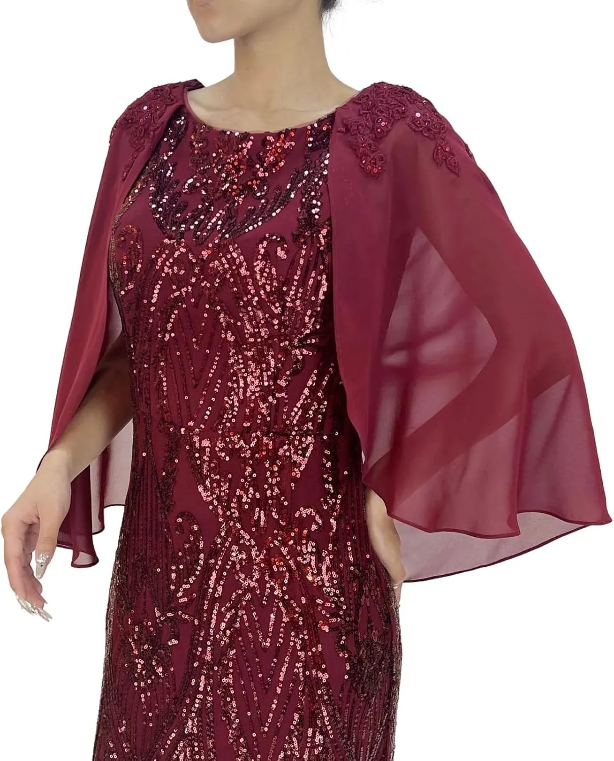 Women's Sleeveless Chiffon Capelet Sequin Sparkly Glitter Slit A Line Party Club Cocktail Red Long Evening Gown Dress