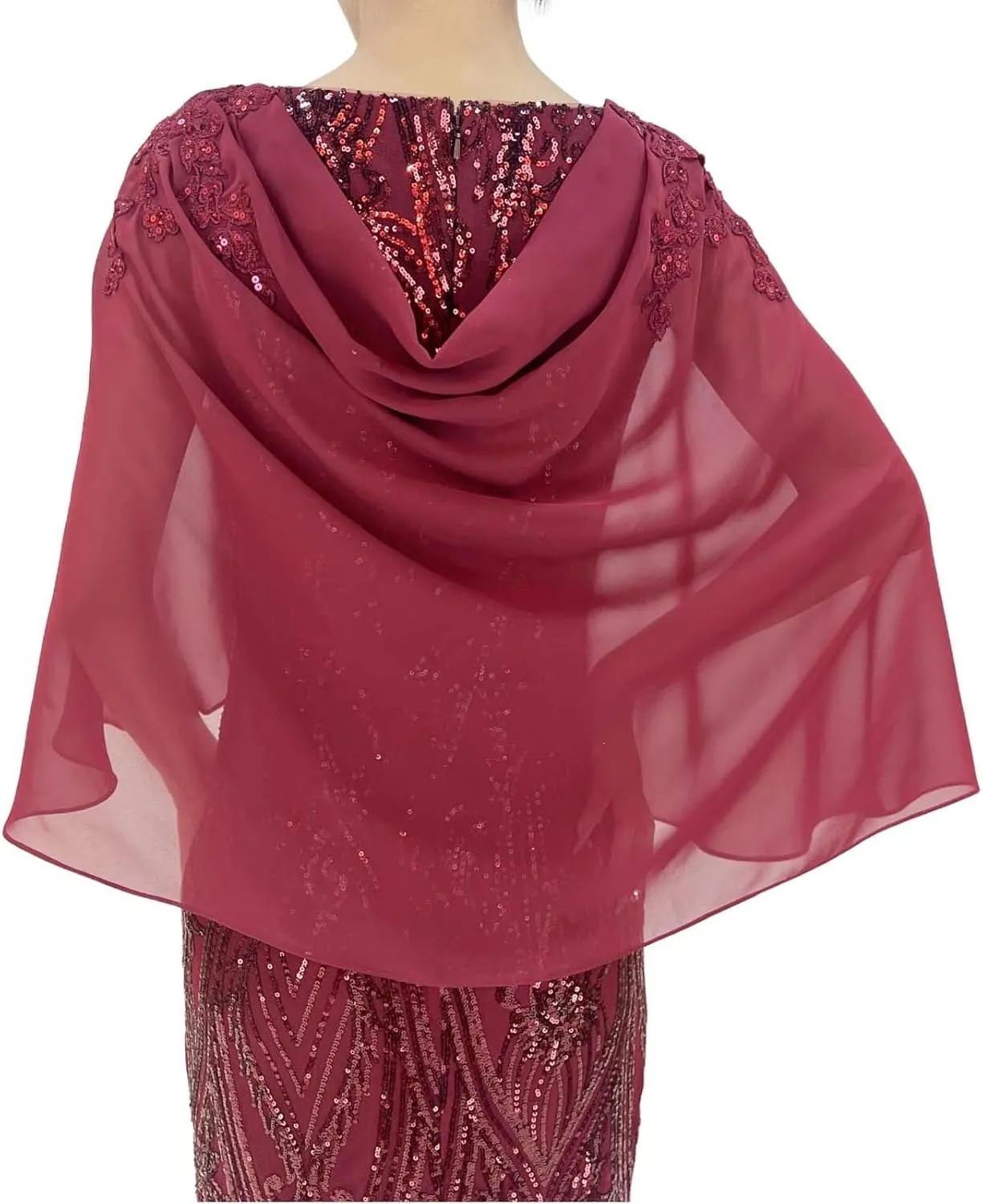 Women's Sleeveless Chiffon Capelet Sequin Sparkly Glitter Slit A Line Party Club Cocktail Red Long Evening Gown Dress