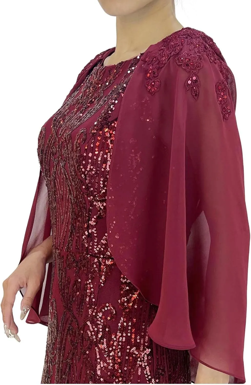 Women's Sleeveless Chiffon Capelet Sequin Sparkly Glitter Slit A Line Party Club Cocktail Red Long Evening Gown Dress
