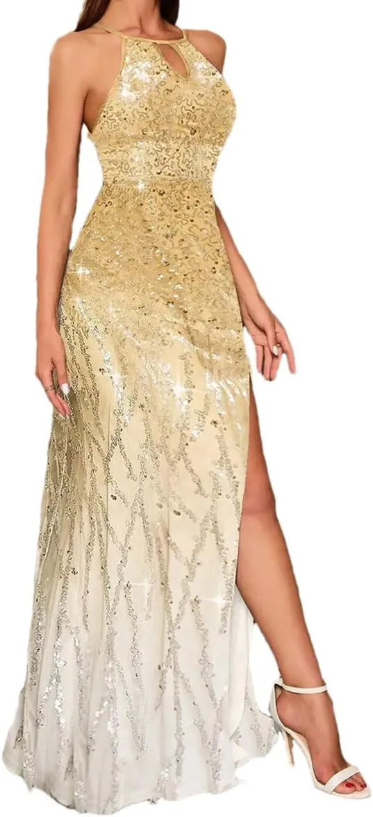 Women's Sleeveless Sequin Split Formal Dress Evening Gown Party Prom Dresses