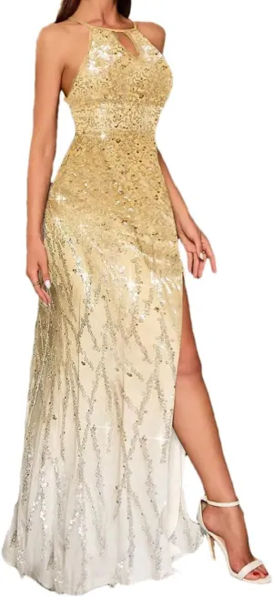 Women's Sleeveless Sequin Split Formal Dress Evening Gown Party Prom Dresses