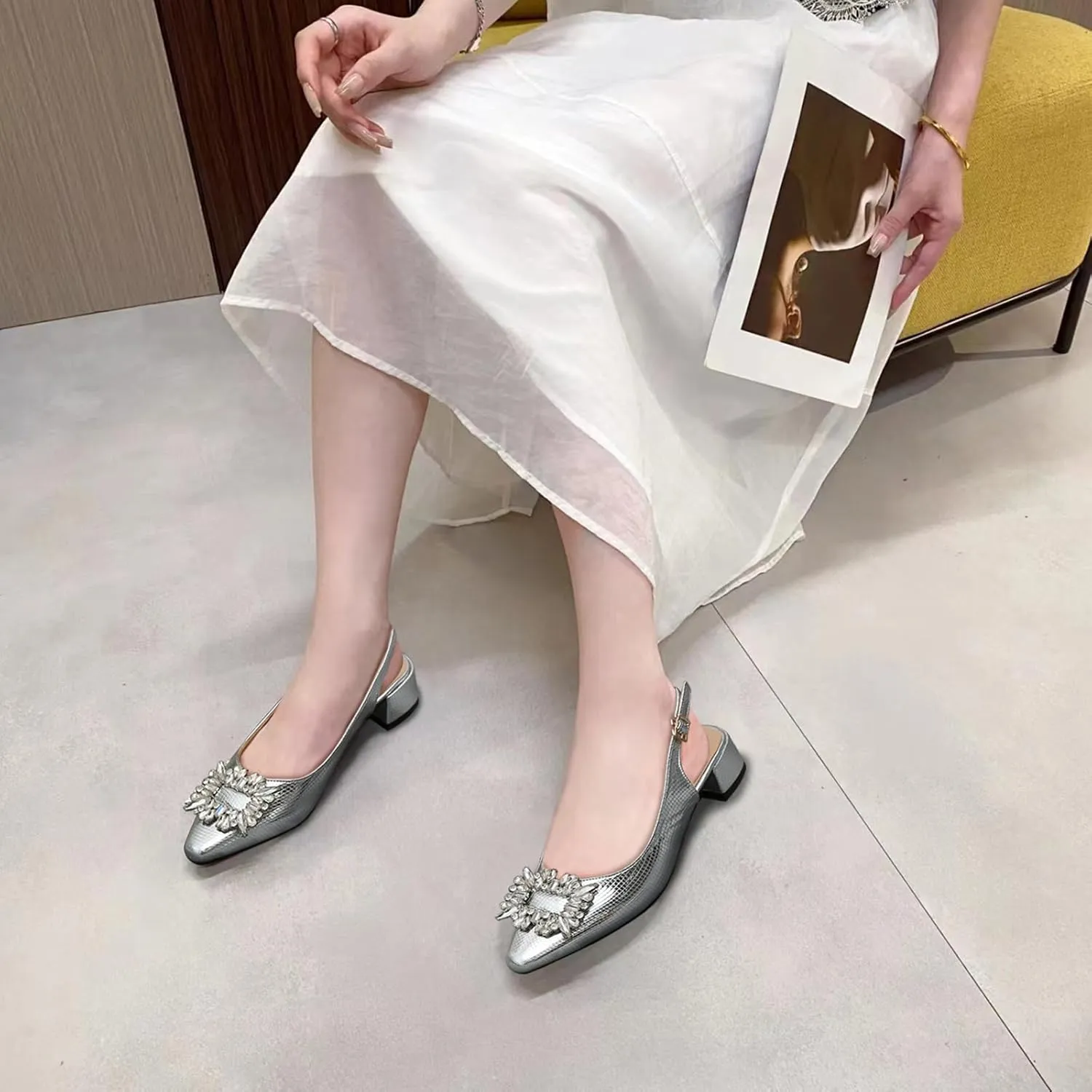 Women's Slingback Low Block Heels Closed Toe Dress Pumps Shoes for Wedding Office Evening Party