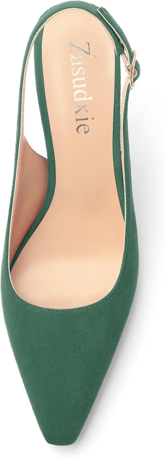Women's Slingback Suede Pointed Toe Wedding Dress Buckle Comfort Stiletto High Heels Pumps Shoes 3.35 Inch
