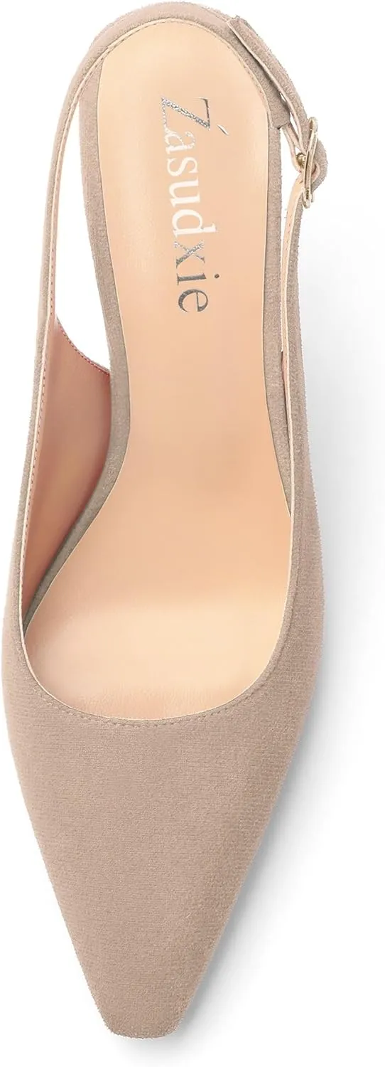 Women's Slingback Suede Pointed Toe Wedding Dress Buckle Comfort Stiletto High Heels Pumps Shoes 3.35 Inch