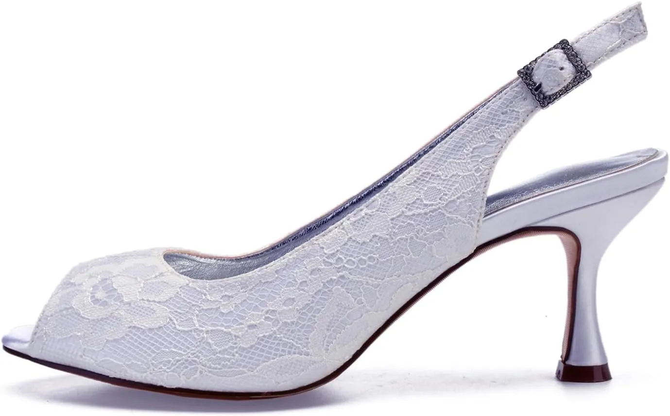 Women's Slingback Wedding Shoes Lace for Bridal Mid Heels Sandals Peep Toe Evening Dress Buckle Pumps