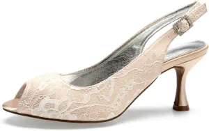 Women's Slingback Wedding Shoes Lace for Bridal Mid Heels Sandals Peep Toe Evening Dress Buckle Pumps