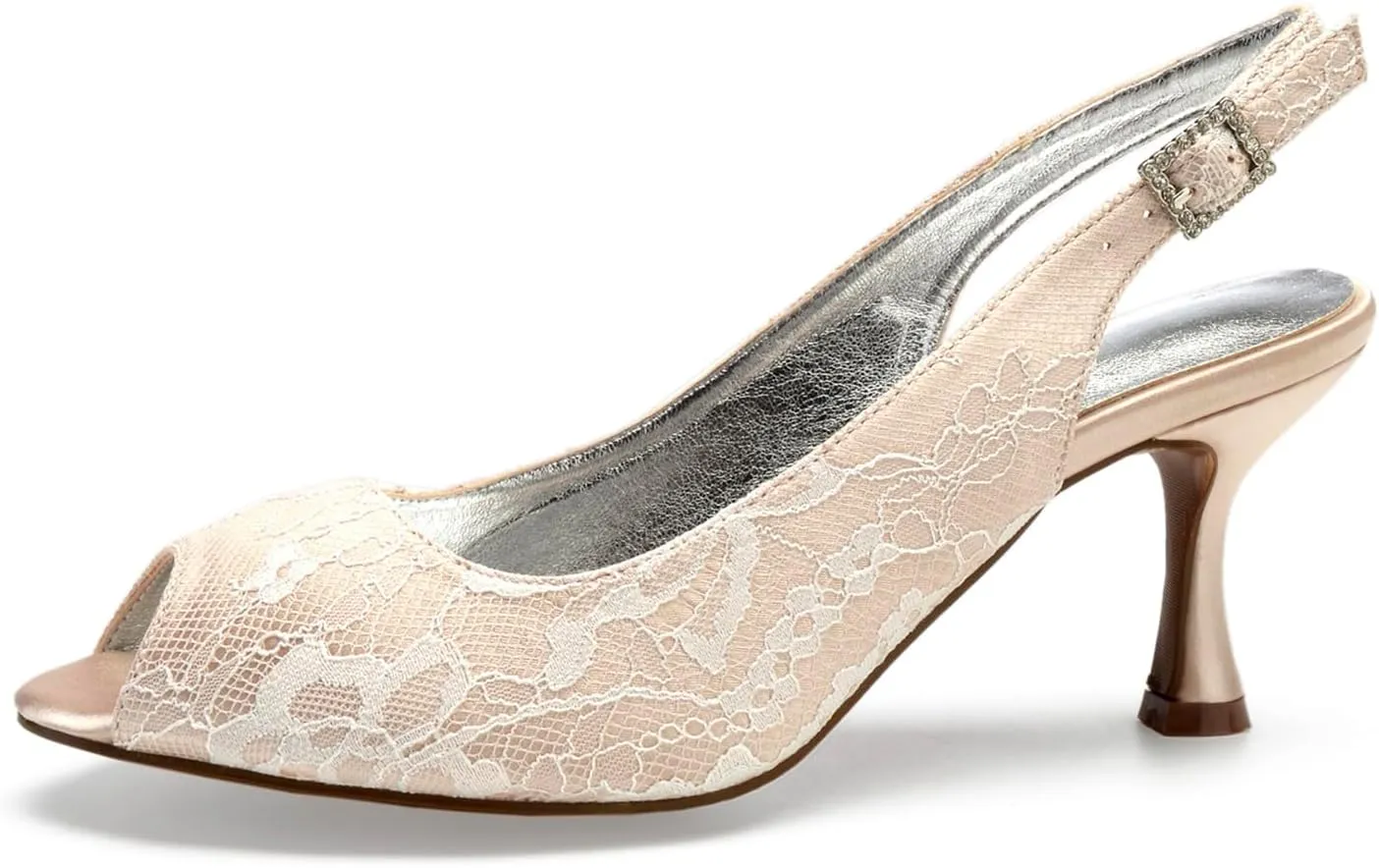 Women's Slingback Wedding Shoes Lace for Bridal Mid Heels Sandals Peep Toe Evening Dress Buckle Pumps