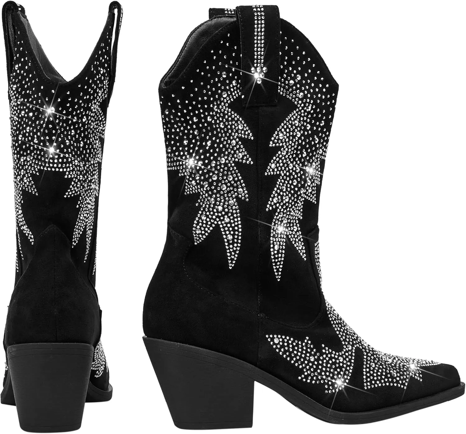 Women's Sparkly Rhinestone Bling Cowgirl Suede Western Boots Shiny Pointed Toe Chunky Heel Glitter Ankle Booties