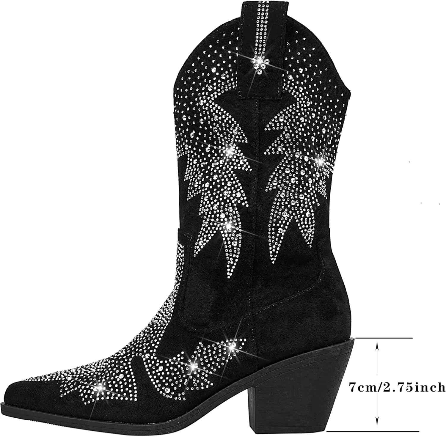 Women's Sparkly Rhinestone Bling Cowgirl Suede Western Boots Shiny Pointed Toe Chunky Heel Glitter Ankle Booties