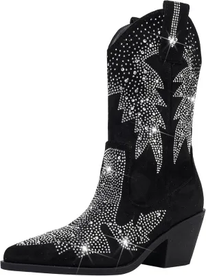 Women's Sparkly Rhinestone Bling Cowgirl Suede Western Boots Shiny Pointed Toe Chunky Heel Glitter Ankle Booties
