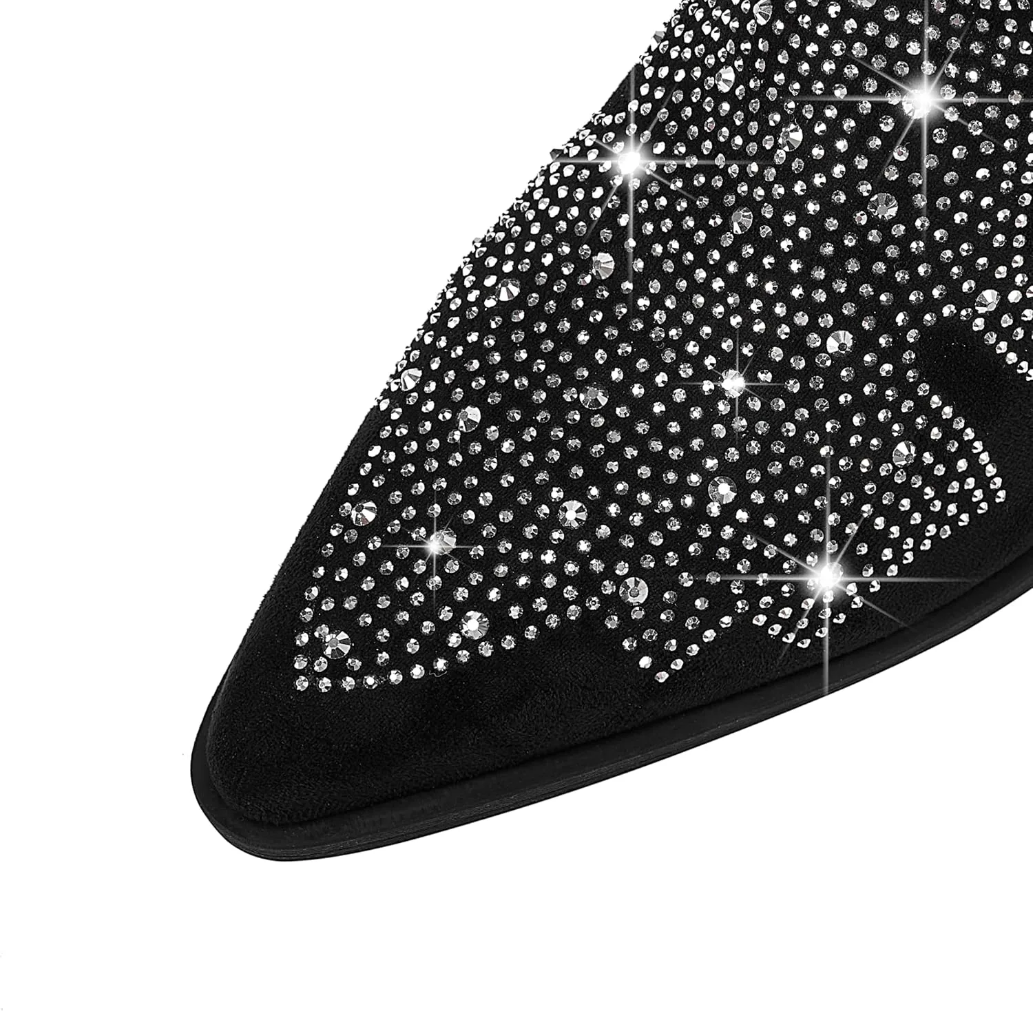 Women's Sparkly Rhinestone Bling Cowgirl Suede Western Boots Shiny Pointed Toe Chunky Heel Glitter Ankle Booties