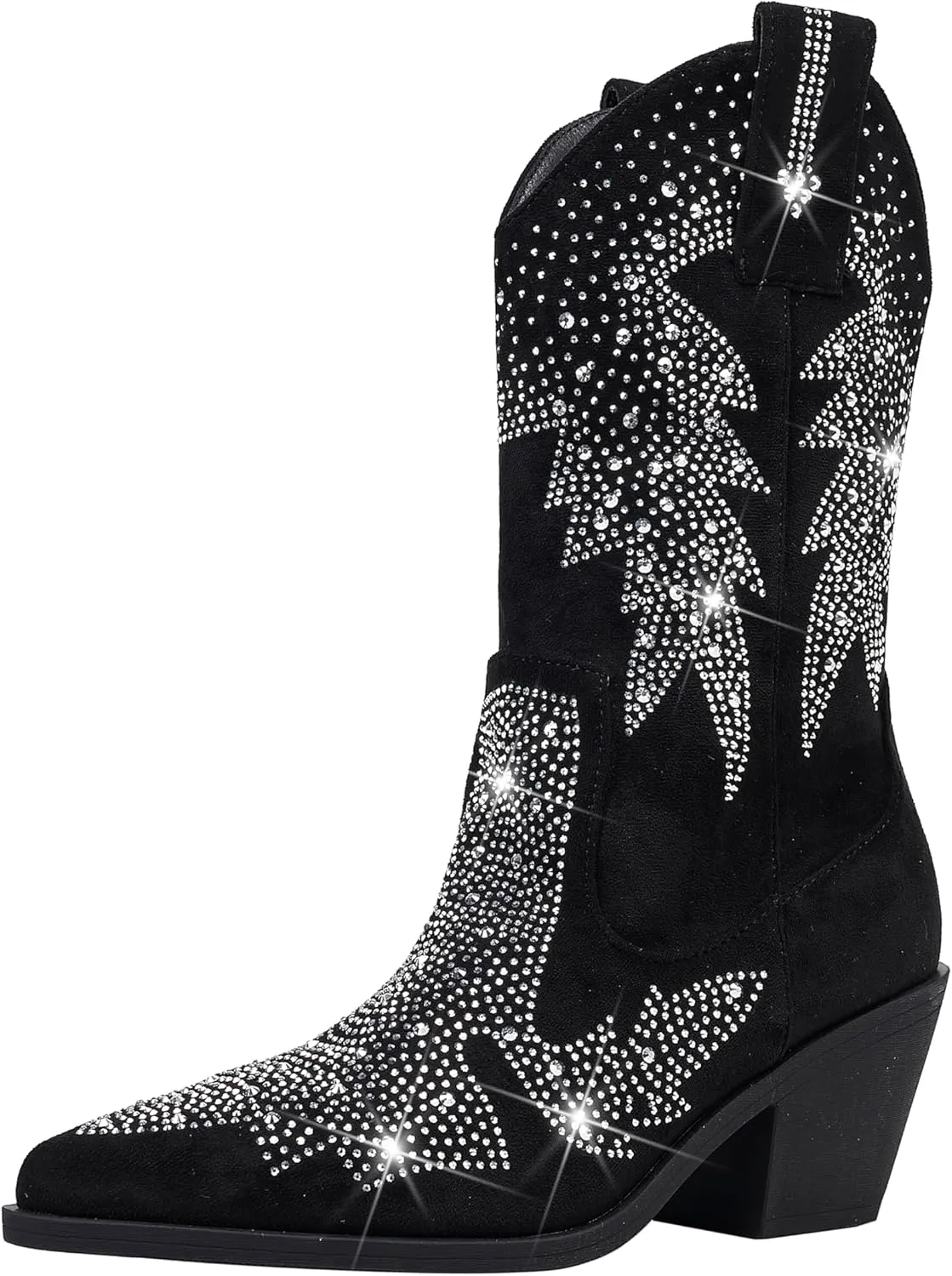 Women's Sparkly Rhinestone Bling Cowgirl Suede Western Boots Shiny Pointed Toe Chunky Heel Glitter Ankle Booties