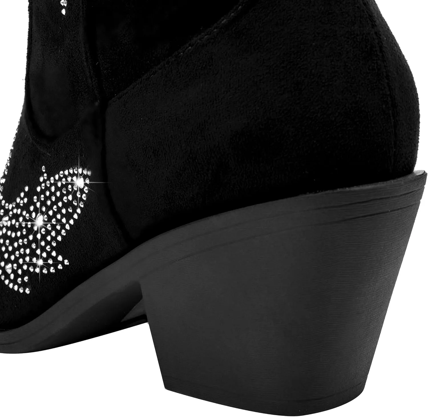 Women's Sparkly Rhinestone Bling Cowgirl Suede Western Boots Shiny Pointed Toe Chunky Heel Glitter Ankle Booties
