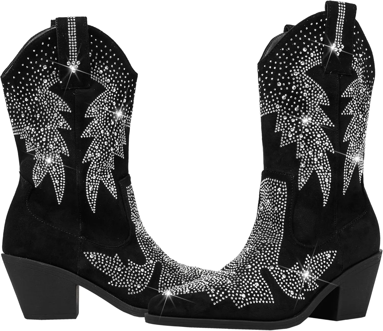 Women's Sparkly Rhinestone Bling Cowgirl Suede Western Boots Shiny Pointed Toe Chunky Heel Glitter Ankle Booties