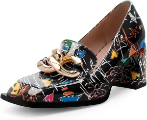Women's Square Toe Slip On Metal Chain Pumps Chunky Heel Patent Leather Dress Shoes