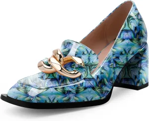 Women's Square Toe Slip On Metal Chain Pumps Chunky Heel Patent Leather Dress Shoes