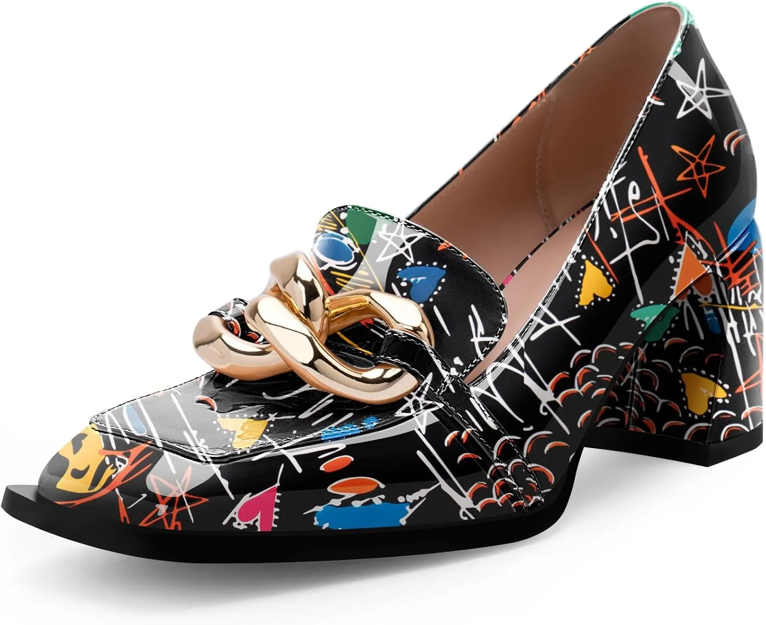 Women's Square Toe Slip On Metal Chain Pumps Chunky Heel Patent Leather Dress Shoes