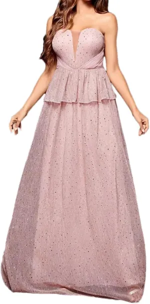 Women's Strapless Deep V-Neck Waist Pleated Dress Evening Gown Prom Party Dresses