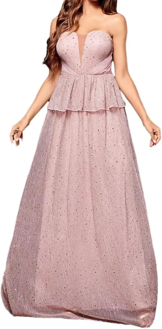 Women's Strapless Deep V-Neck Waist Pleated Dress Evening Gown Prom Party Dresses