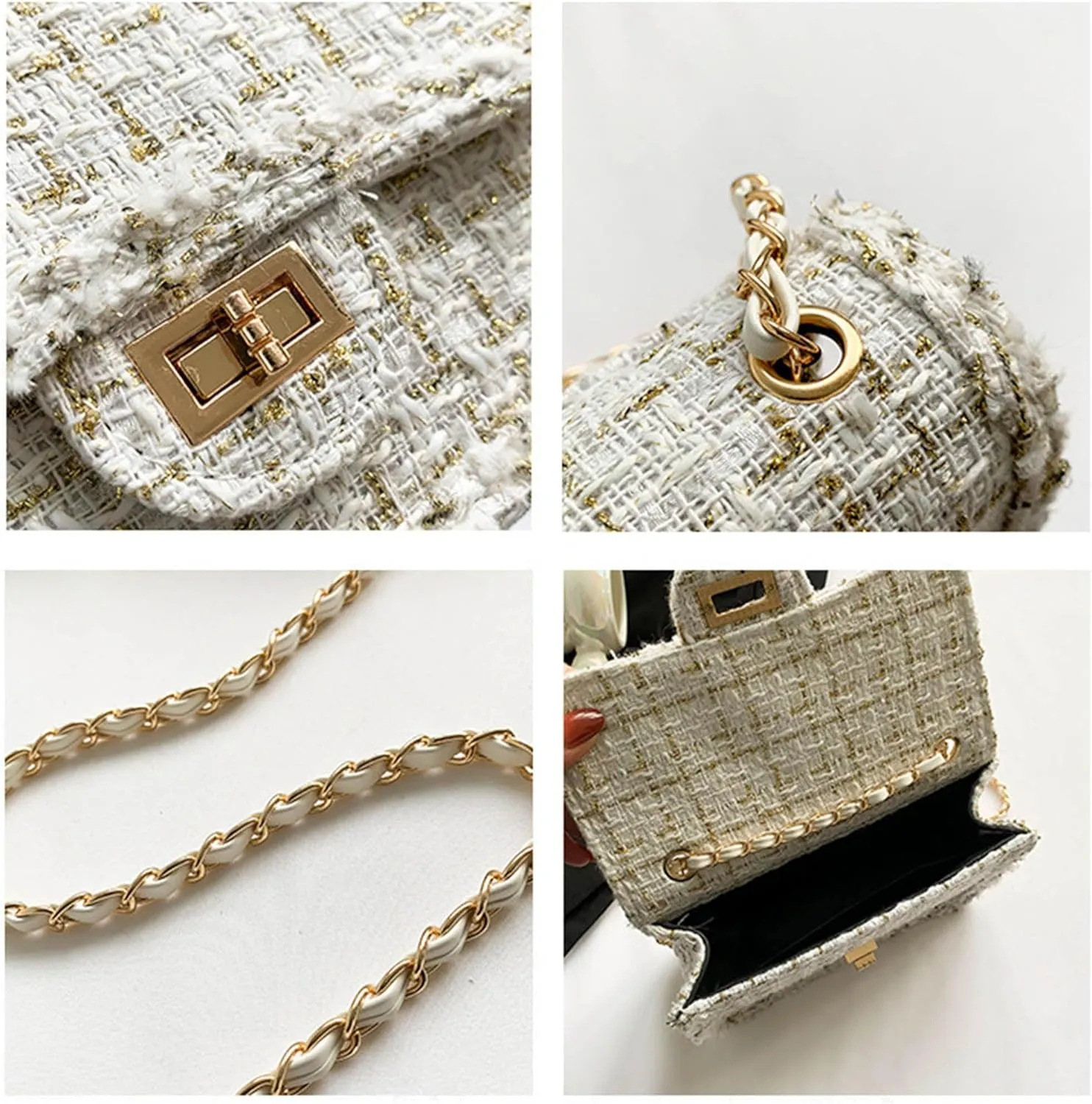 Women's Tweed Purses and Handbag PU Leather Woolen Chain Satchel Shoulder Bags Totes Crossbody Underarm Bag Clutch