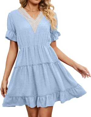 Women's V Neck Dresses, Jacquard Hairball Loose Fashion Solid Elastic Waist Dress, Summer Half Sleeve Beach Sundress