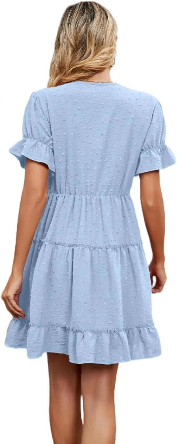 Women's V Neck Dresses, Jacquard Hairball Loose Fashion Solid Elastic Waist Dress, Summer Half Sleeve Beach Sundress