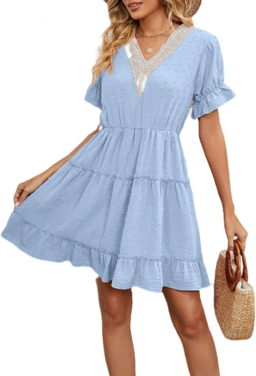 Women's V Neck Dresses, Jacquard Hairball Loose Fashion Solid Elastic Waist Dress, Summer Half Sleeve Beach Sundress