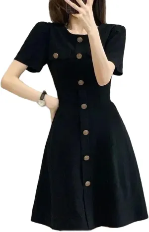 Women's V-Neck Knit A-Line Dress Vintage Short Sleeve Button Dresses Solid Color Party Chic Dress
