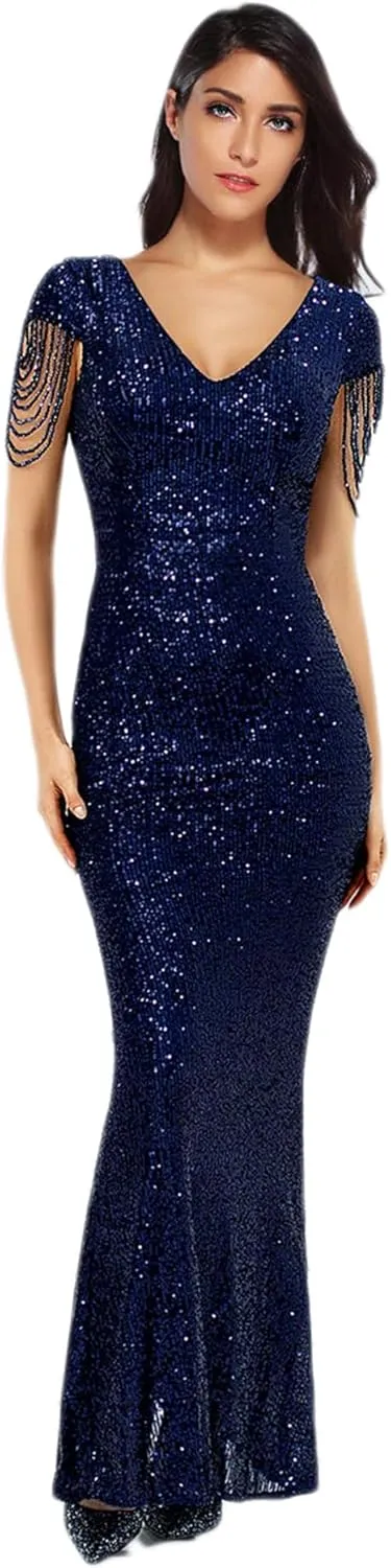 Women's V Neck Sequin Formal Evening Dress Tassel Bead Sleeve Mermaid Long Gown 1920S Party Maxi Military Dress