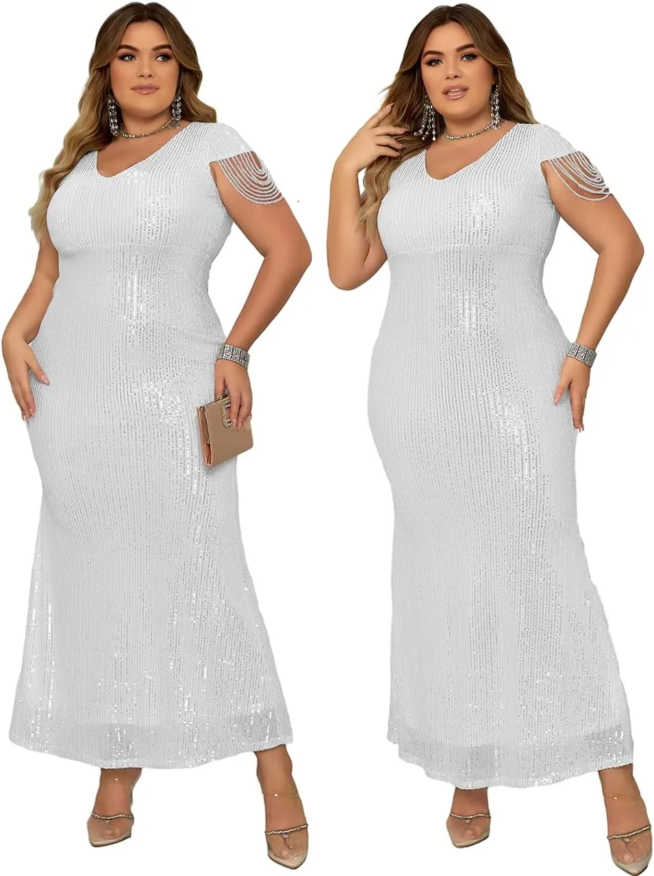 Women's V Neck Sequin Formal Evening Dress Tassel Bead Sleeve Mermaid Long Gown 1920S Party Maxi Military Dress