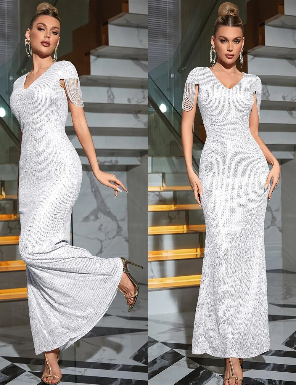 Women's V Neck Sequin Formal Evening Dress Tassel Bead Sleeve Mermaid Long Gown 1920S Party Maxi Military Dress