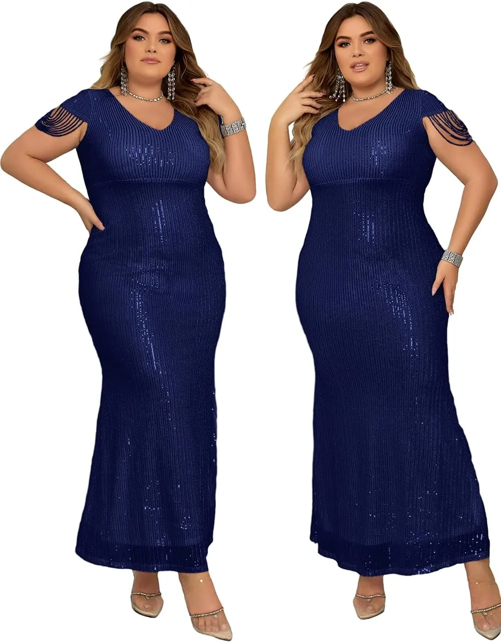 Women's V Neck Sequin Formal Evening Dress Tassel Bead Sleeve Mermaid Long Gown 1920S Party Maxi Military Dress