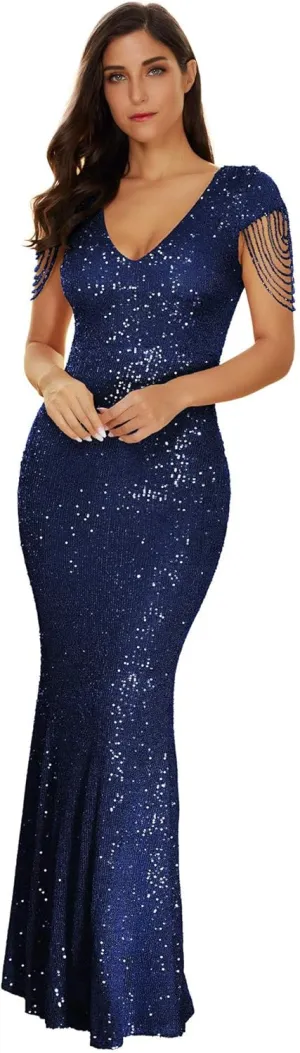 Women's V Neck Sequin Formal Evening Dress Tassel Bead Sleeve Mermaid Long Gown 1920S Party Maxi Military Dress