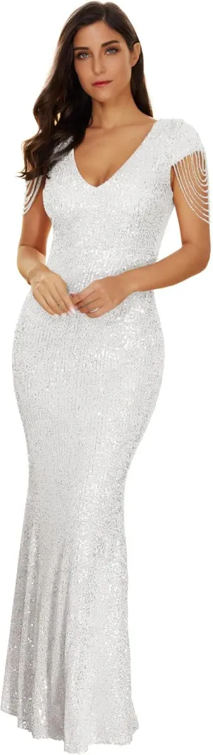 Women's V Neck Sequin Formal Evening Dress Tassel Bead Sleeve Mermaid Long Gown 1920S Party Maxi Military Dress