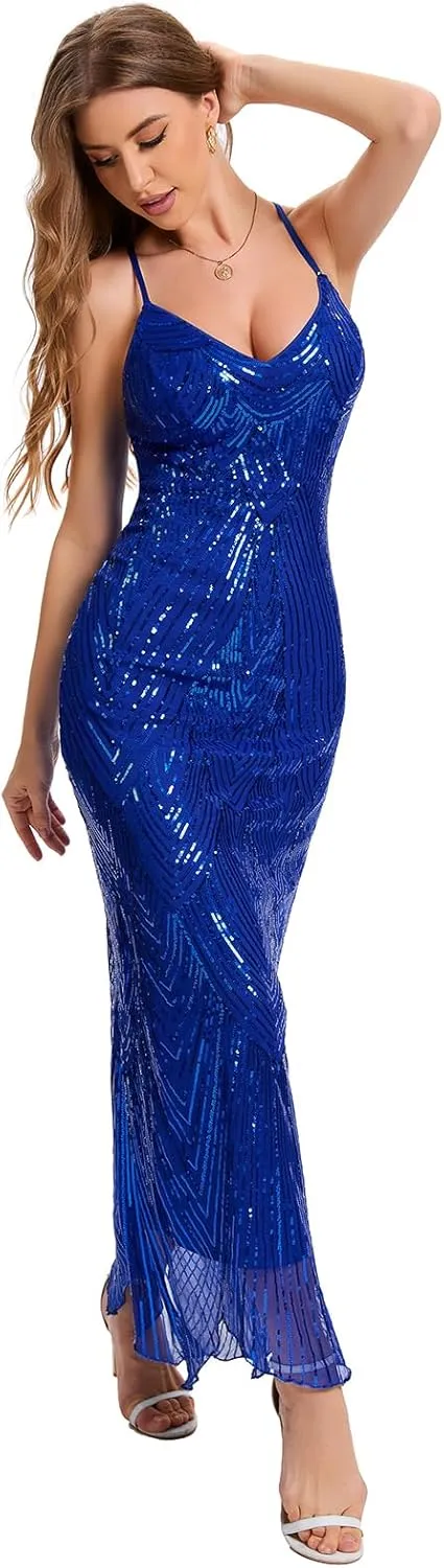 Women's V Neck Spaghetti Straps Sequin Sparkly Glitter Irregular Hem Prom Dress Bcakless Maxi Evening Gowns