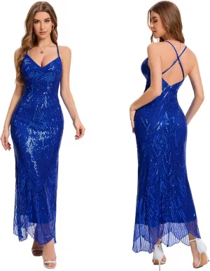 Women's V Neck Spaghetti Straps Sequin Sparkly Glitter Irregular Hem Prom Dress Bcakless Maxi Evening Gowns