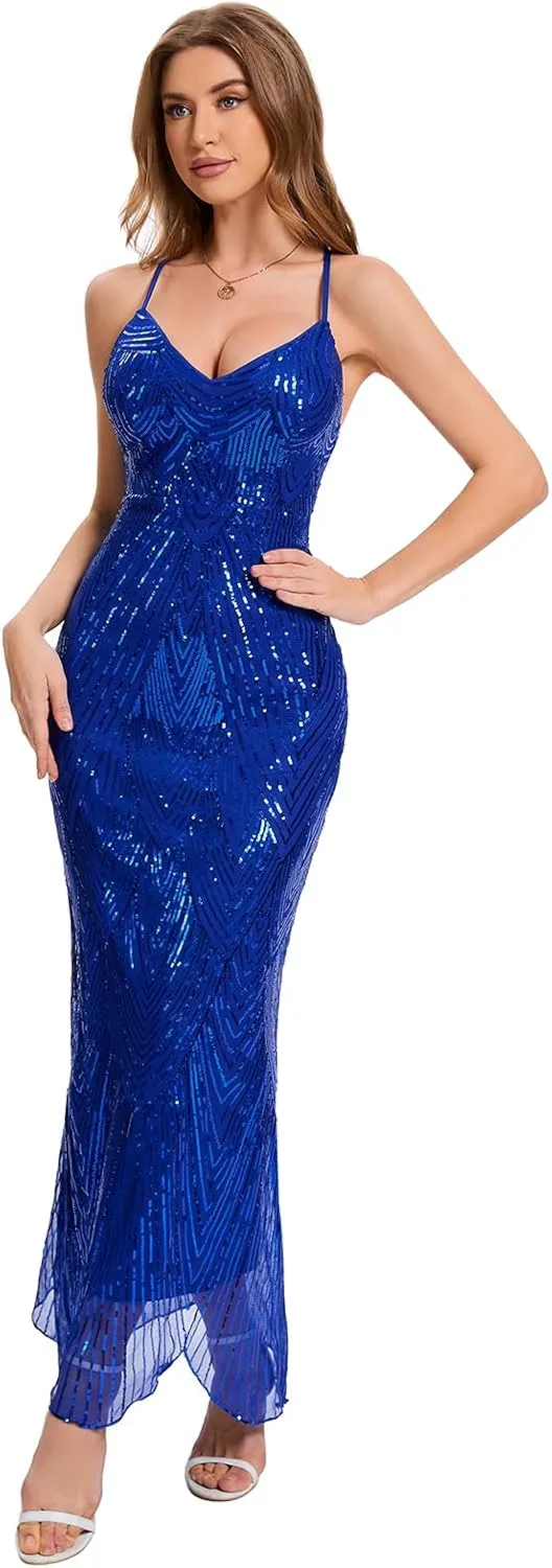 Women's V Neck Spaghetti Straps Sequin Sparkly Glitter Irregular Hem Prom Dress Bcakless Maxi Evening Gowns