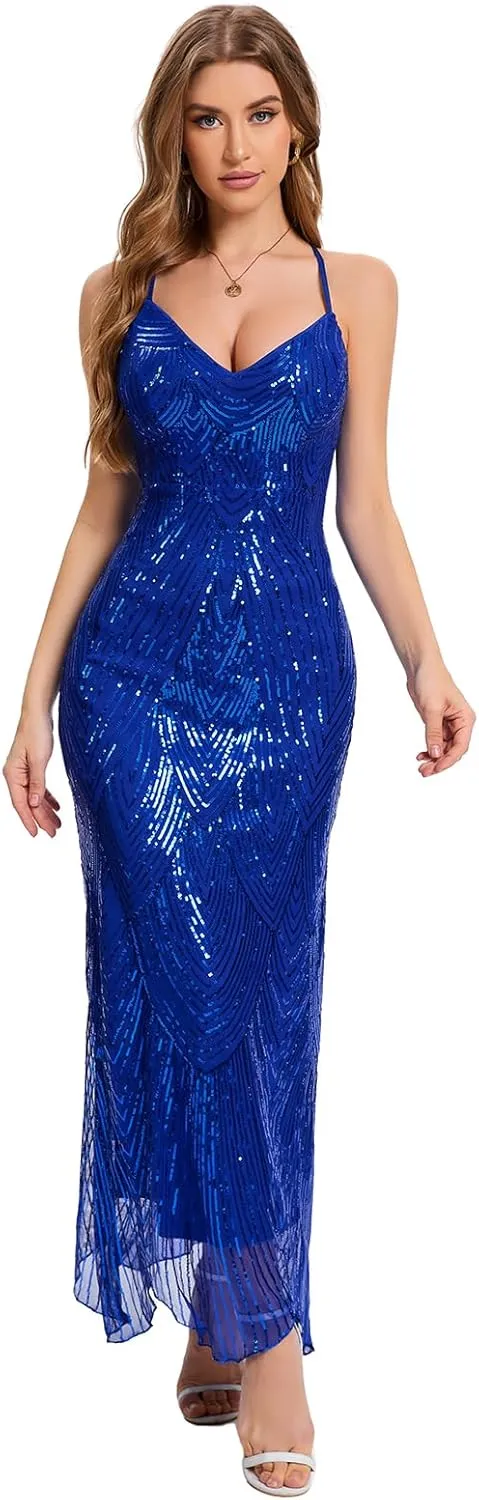 Women's V Neck Spaghetti Straps Sequin Sparkly Glitter Irregular Hem Prom Dress Bcakless Maxi Evening Gowns