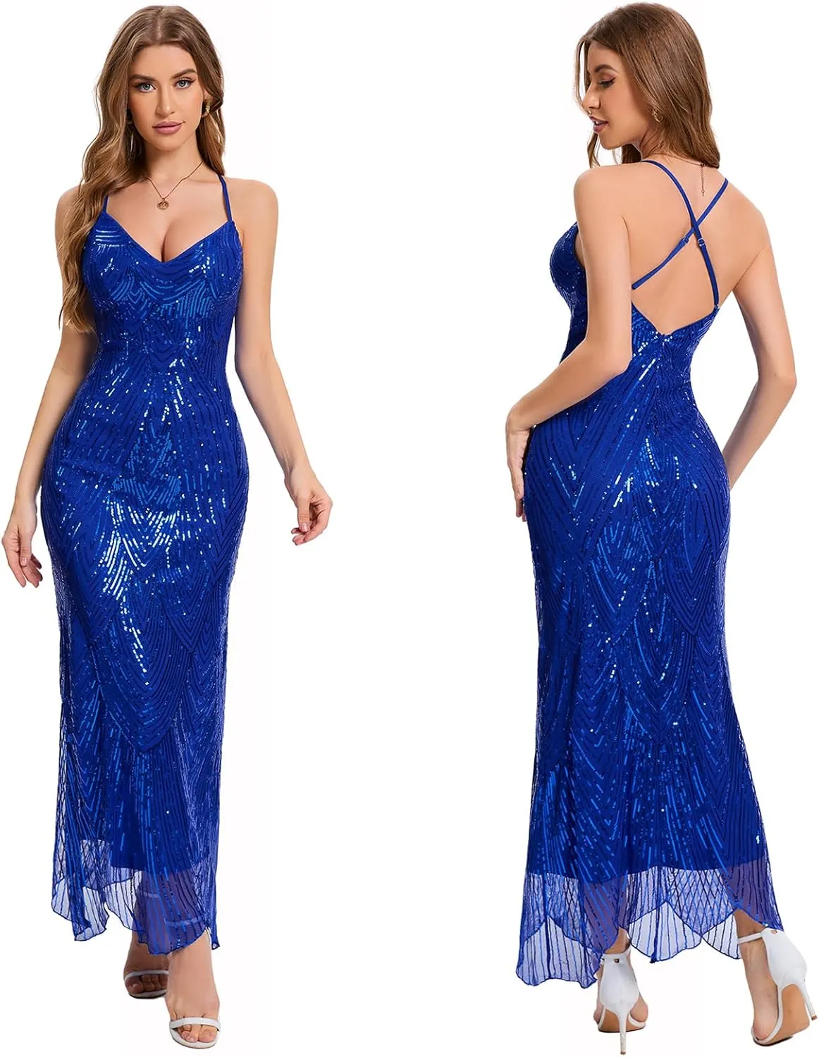Women's V Neck Spaghetti Straps Sequin Sparkly Glitter Irregular Hem Prom Dress Bcakless Maxi Evening Gowns