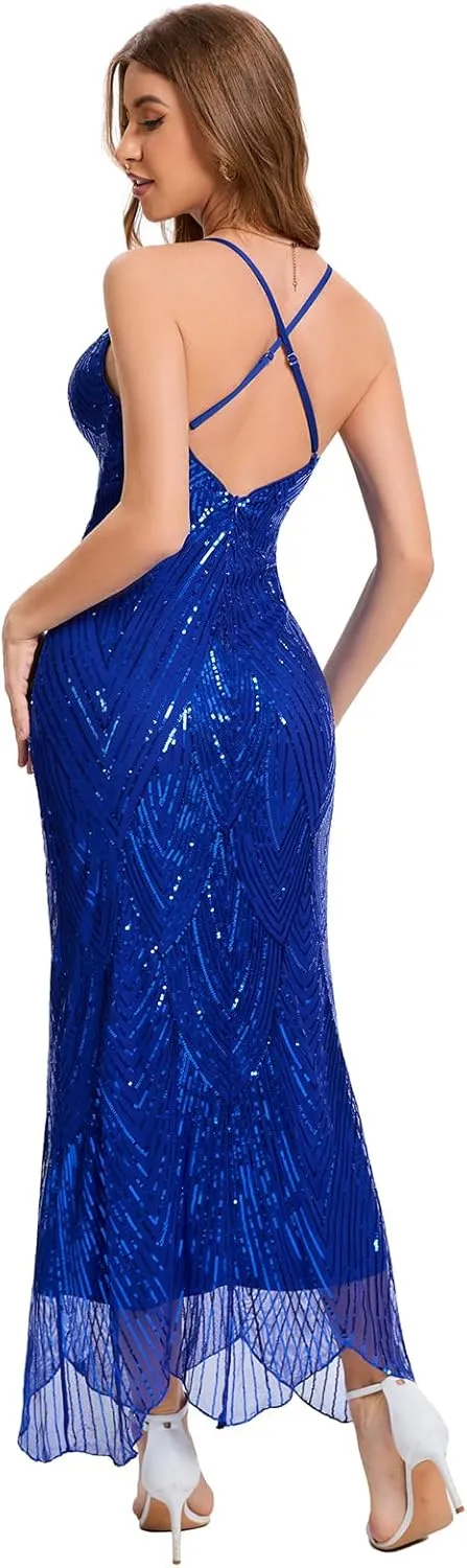 Women's V Neck Spaghetti Straps Sequin Sparkly Glitter Irregular Hem Prom Dress Bcakless Maxi Evening Gowns